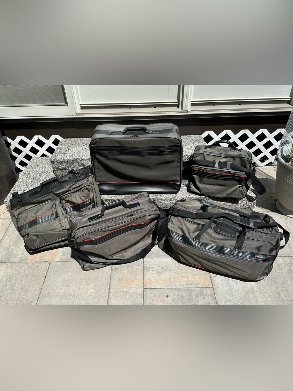 Vintage 5-Piece Delsey Paris Luggage Set Gray with Red Accent